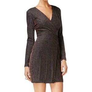 GUESS Black Silver Metallic Stripe Faux-Wrap Long Sleeve Cocktail Dress Size 0